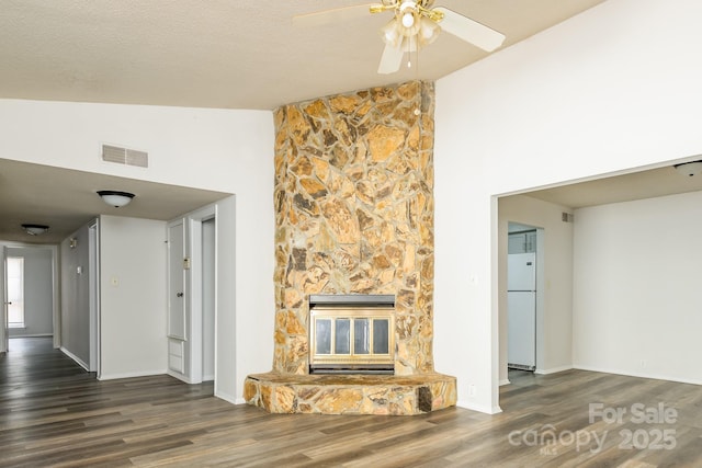7129 Stonington Ln, Charlotte, NC 28227 - unfurnished living room featuring wood finished floors, a ceiling fan, high vaulted ceiling, baseboards, and a fireplace