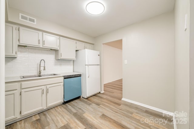 7129 Stonington Ln, Charlotte, NC 28227 - kitchen featuring dishwashing machine, freestanding refrigerator, a sink, tasteful backsplash, and light countertops