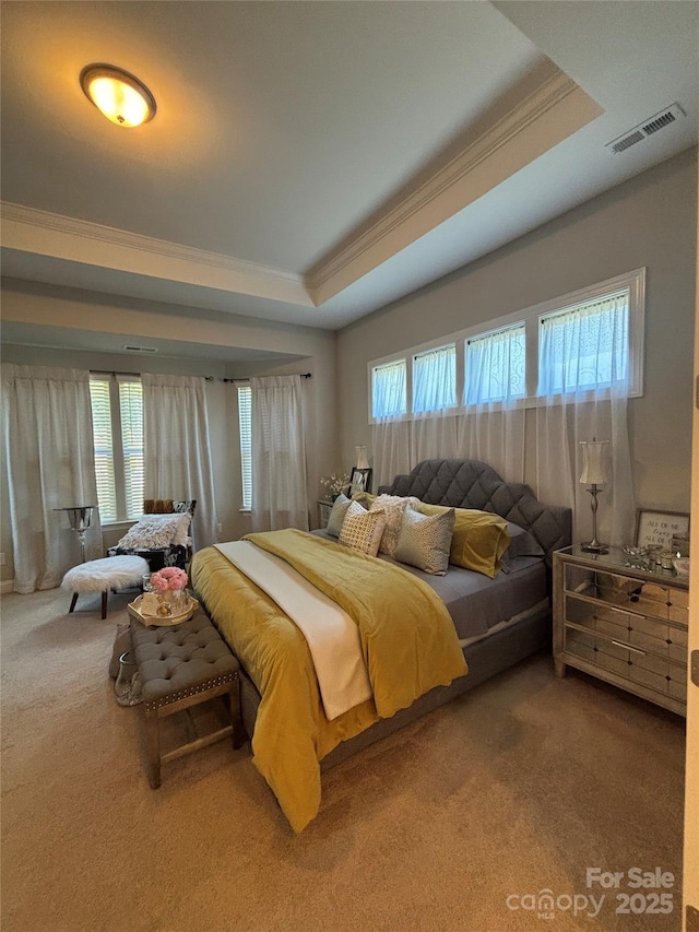 carpeted bedroom with crown molding, visible vents, multiple windows, and a raised ceiling