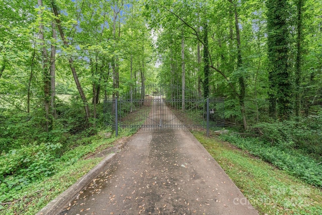 view of street with a wooded view and a gate