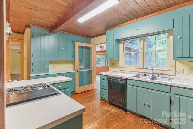 kitchen with wood ceiling, a sink, black dishwasher, crown molding, and light wood-type flooring