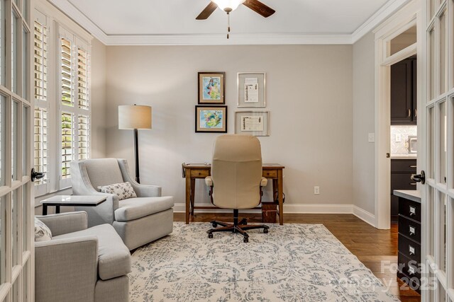 75 Balsam High Rd, Biltmore Lake, NC 28715 - home office featuring dark wood-style floors, a ceiling fan, crown molding, and baseboards