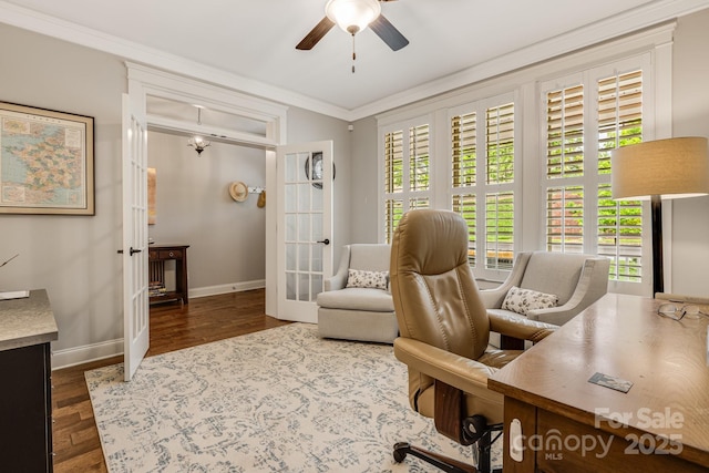 75 Balsam High Rd, Biltmore Lake, NC 28715 - home office with french doors, baseboards, crown molding, a ceiling fan, and wood finished floors