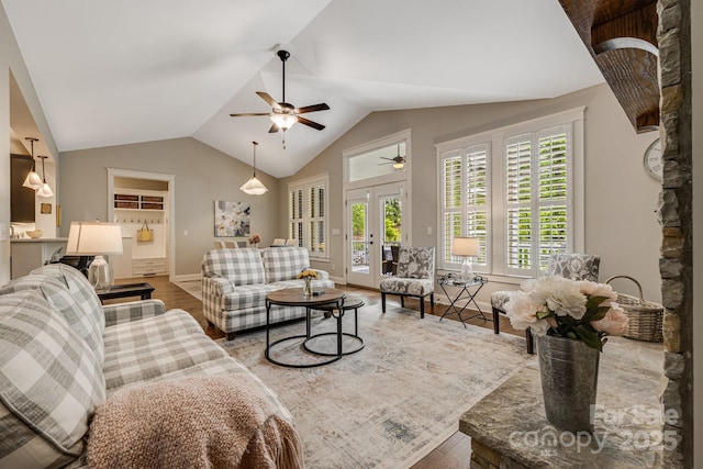 75 Balsam High Rd, Biltmore Lake, NC 28715 - living area with a ceiling fan, wood finished floors, lofted ceiling, and baseboards