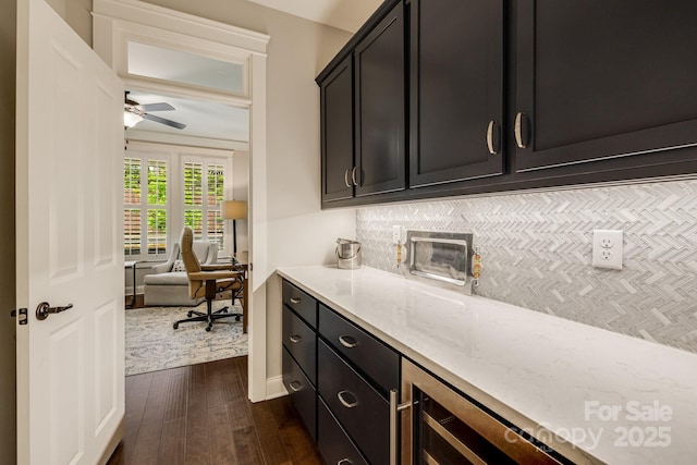 75 Balsam High Rd, Biltmore Lake, NC 28715 - bar with dark wood finished floors, decorative backsplash, ceiling fan, wine cooler, and baseboards