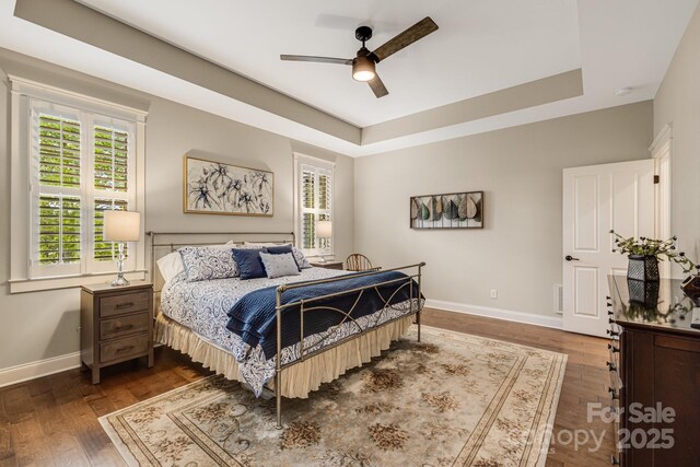 75 Balsam High Rd, Biltmore Lake, NC 28715 - bedroom with baseboards, wood finished floors, a tray ceiling, and a ceiling fan