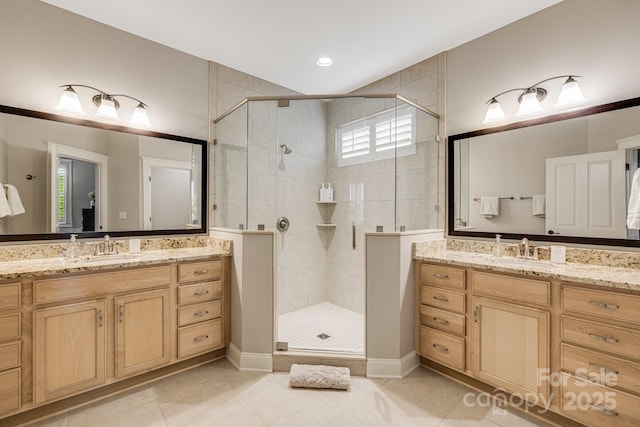 75 Balsam High Rd, Biltmore Lake, NC 28715 - full bath with a stall shower, two vanities, and tile patterned flooring