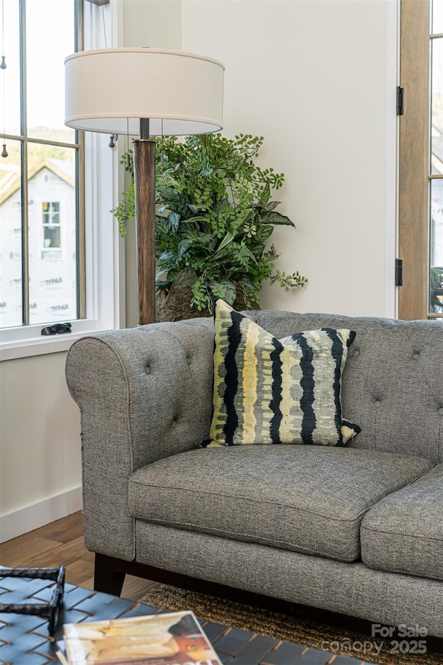 living area featuring baseboards, a healthy amount of sunlight, and wood finished floors