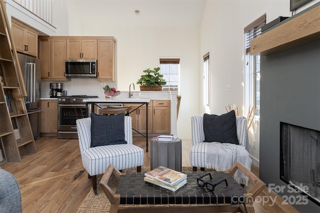 kitchen with stainless steel appliances, light wood-style flooring, decorative backsplash, light countertops, and a high ceiling