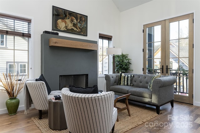 living room featuring a fireplace, french doors, and wood finished floors