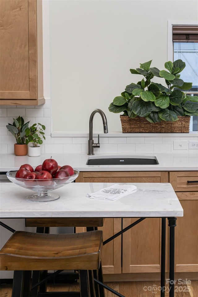 details featuring light countertops, decorative backsplash, and a sink