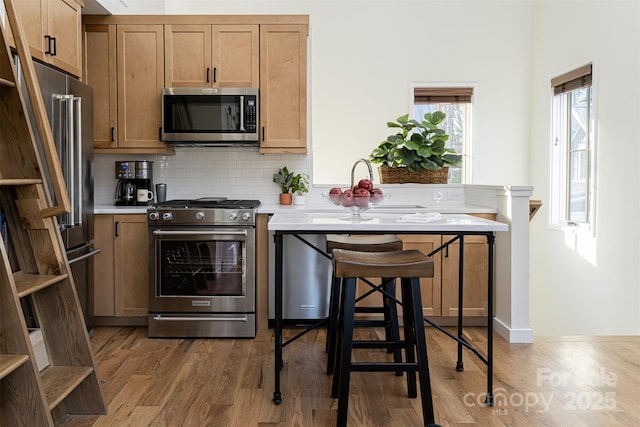 kitchen featuring a peninsula, stainless steel appliances, wood finished floors, backsplash, and light countertops