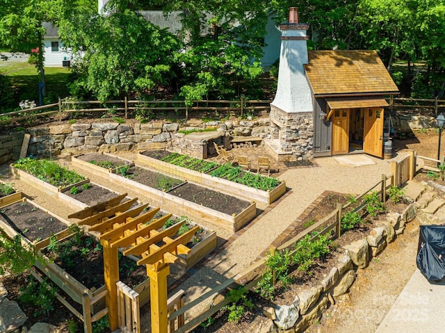 surrounding community featuring a vegetable garden, an outbuilding, and fence