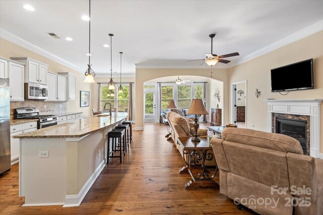 1409 Tupelo Rd, Clover, SC 29710 - living area with a ceiling fan, crown molding, dark wood-style flooring, a fireplace, and arched walkways