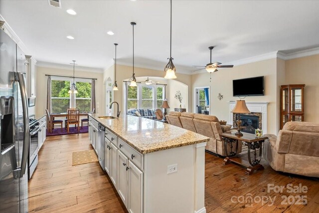 1409 Tupelo Rd, Clover, SC 29710 - kitchen with open floor plan, crown molding, a sink, ceiling fan, and a glass covered fireplace