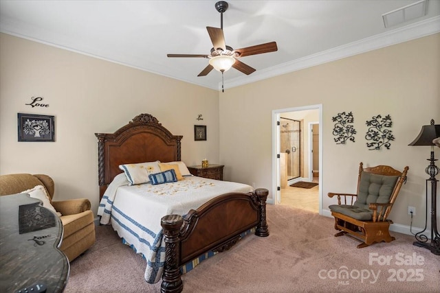 1409 Tupelo Rd, Clover, SC 29710 - bedroom with ornamental molding, carpet, a ceiling fan, connected bathroom, and baseboards
