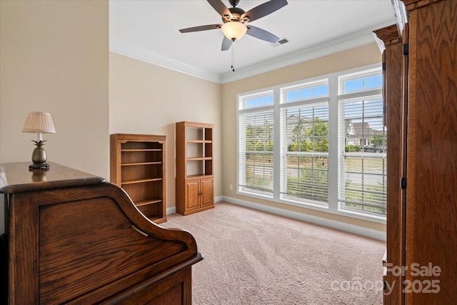 1409 Tupelo Rd, Clover, SC 29710 - sitting room featuring light carpet, ceiling fan, ornamental molding, and baseboards
