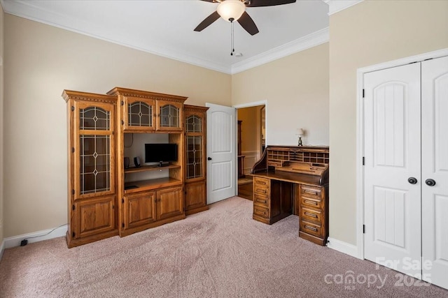 1409 Tupelo Rd, Clover, SC 29710 - office featuring ceiling fan, light carpet, ornamental molding, and baseboards