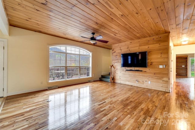 423 Baines Mountain Rd, Bryson City, NC 28713 - unfurnished living room featuring wooden ceiling, ceiling fan, visible vents, and wood finished floors