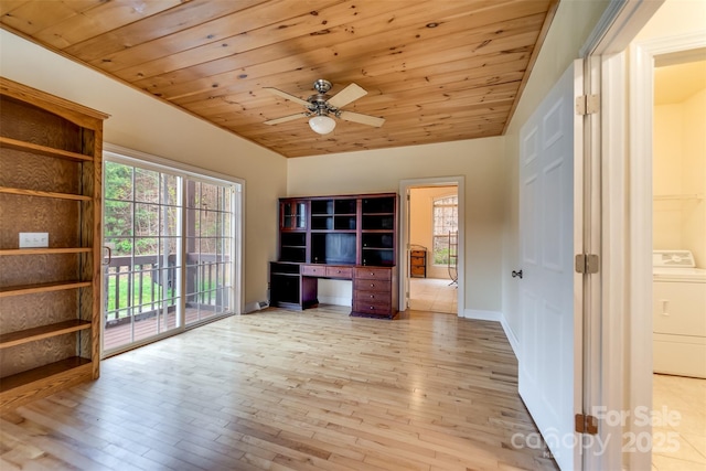 423 Baines Mountain Rd, Bryson City, NC 28713 - unfurnished living room with washer / dryer, light wood-style floors, a ceiling fan, and wood ceiling