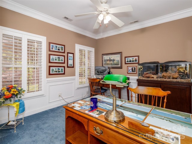 office area featuring carpet flooring, crown molding, and visible vents