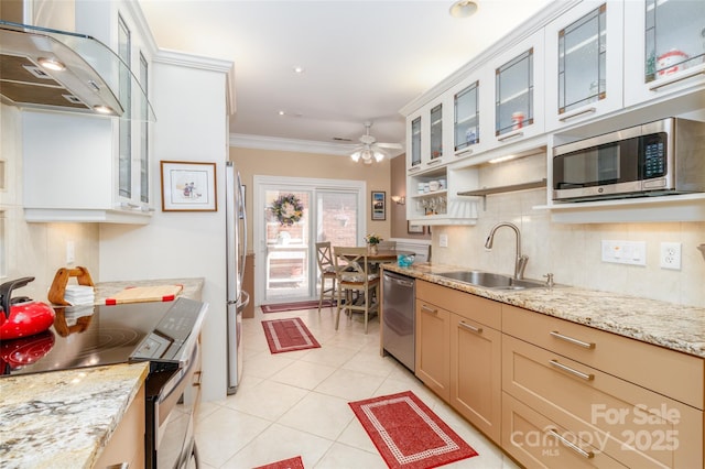 kitchen with a ceiling fan, a sink, wall chimney range hood, appliances with stainless steel finishes, and ornamental molding