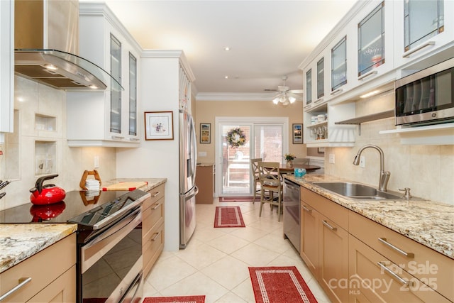 kitchen featuring a sink, stainless steel appliances, crown molding, wall chimney range hood, and decorative backsplash