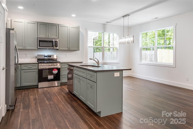 15 Myrtle Lee Cv, Arden, NC 28704 - kitchen featuring stainless steel appliances, a sink, gray cabinets, a chandelier, and dark wood-style floors