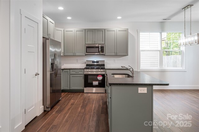 15 Myrtle Lee Cv, Arden, NC 28704 - kitchen with appliances with stainless steel finishes, a sink, gray cabinetry, dark wood-type flooring, and recessed lighting