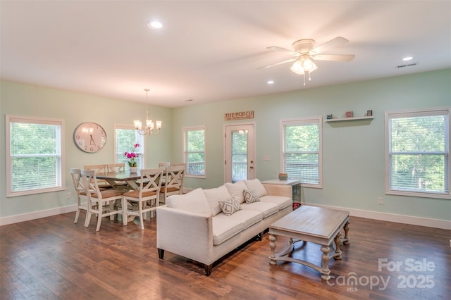 210 Holmes Dr, Spartanburg, SC 29303 - living room featuring dark wood finished floors, a chandelier, recessed lighting, and a ceiling fan