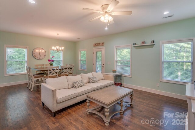 210 Holmes Dr, Spartanburg, SC 29303 - living area featuring dark wood-style flooring, healthy amount of natural light, ceiling fan, a chandelier, and recessed lighting