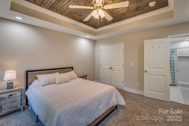 210 Holmes Dr, Spartanburg, SC 29303 - carpeted bedroom featuring a raised ceiling, wood ceiling, a closet, recessed lighting, and a ceiling fan