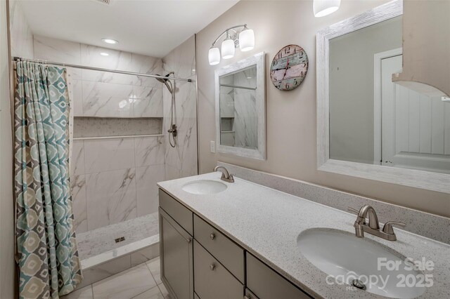 210 Holmes Dr, Spartanburg, SC 29303 - bathroom with curtained shower, double vanity, and marble look tiles