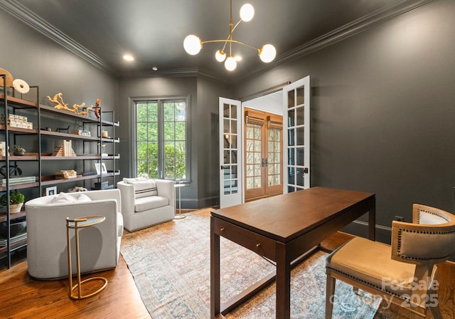 400 Hunter Ln, Charlotte, NC 28211 - office space with french doors, wood finished floors, a chandelier, ornamental molding, and baseboards