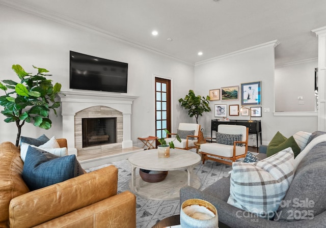 400 Hunter Ln, Charlotte, NC 28211 - living room featuring wood finished floors, recessed lighting, a high end fireplace, and crown molding