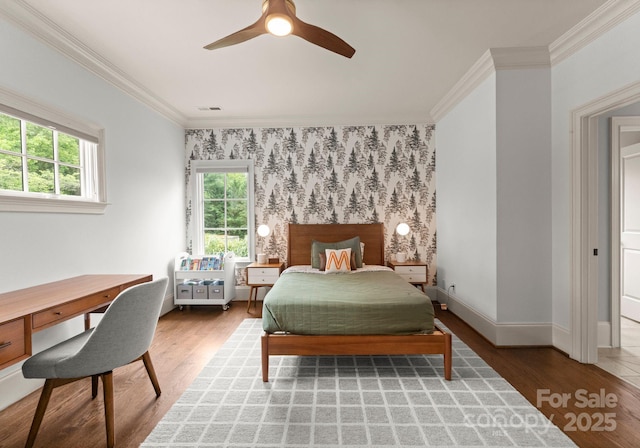 400 Hunter Ln, Charlotte, NC 28211 - bedroom with ornamental molding, light wood finished floors, an accent wall, baseboards, and a ceiling fan