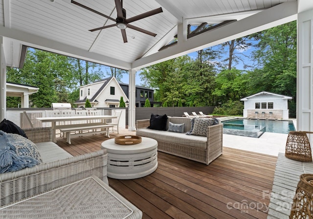 400 Hunter Ln, Charlotte, NC 28211 - wooden deck featuring ceiling fan, grilling area, an outdoor pool, outdoor lounge area, and outdoor dining area
