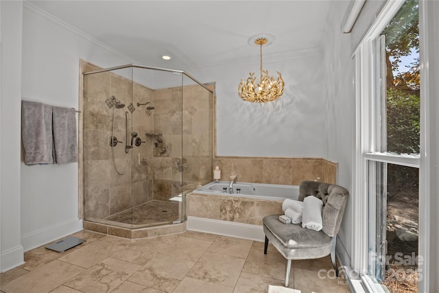 19614 Meta Rd, Cornelius, NC 28031 - full bathroom featuring a bath, a shower stall, crown molding, and a chandelier