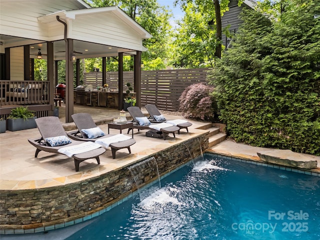 19614 Meta Rd, Cornelius, NC 28031 - view of swimming pool featuring a fenced backyard, a patio area, and a ceiling fan