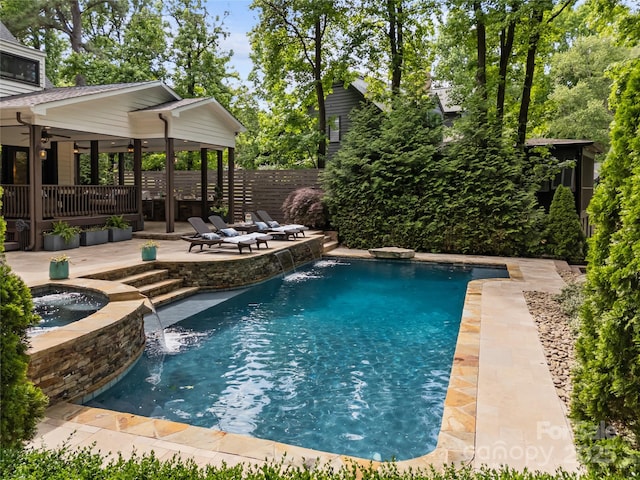 19614 Meta Rd, Cornelius, NC 28031 - view of swimming pool with a patio, ceiling fan, fence, and a pool with connected hot tub