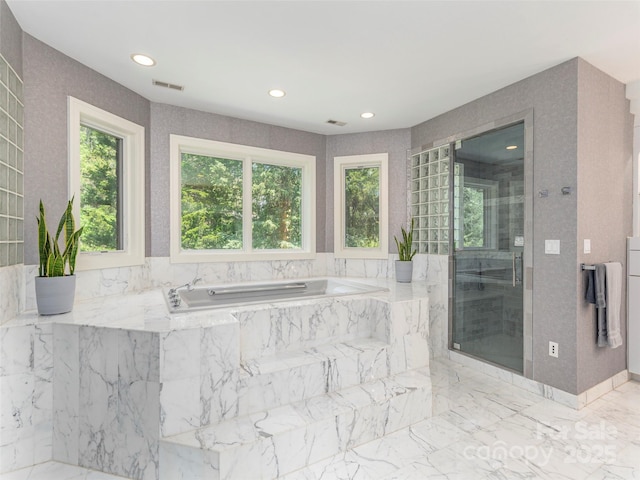 bathroom featuring a stall shower, recessed lighting, marble finish floor, visible vents, and a garden tub