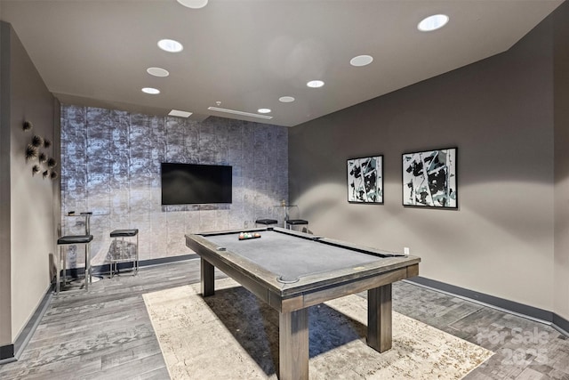 playroom featuring pool table, baseboards, recessed lighting, an accent wall, and wood finished floors