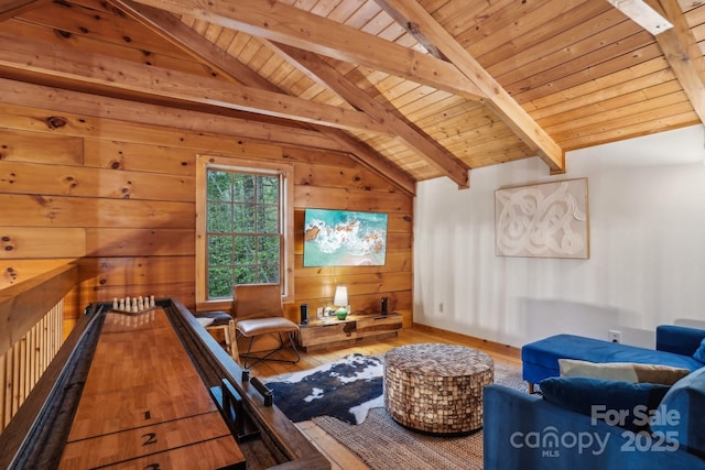 909 Niley Cook Rd, Blowing Rock, NC 28605 - game room featuring wooden walls, wooden ceiling, vaulted ceiling with beams, and hardwood / wood-style flooring