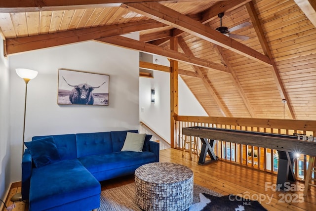 909 Niley Cook Rd, Blowing Rock, NC 28605 - living area featuring wood finished floors, wood ceiling, a ceiling fan, and vaulted ceiling with beams