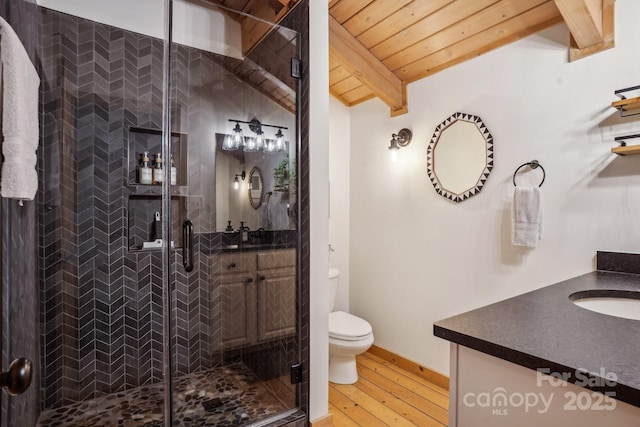 909 Niley Cook Rd, Blowing Rock, NC 28605 - full bathroom with vanity, toilet, a stall shower, and hardwood / wood-style floors