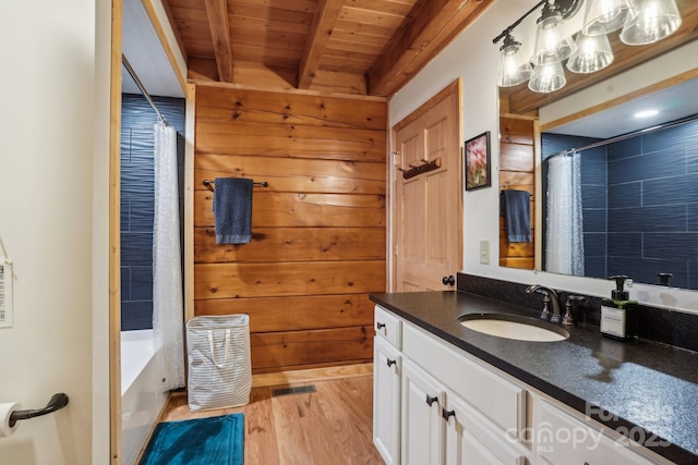 909 Niley Cook Rd, Blowing Rock, NC 28605 - bathroom with vanity, wooden ceiling, wood finished floors, and beam ceiling