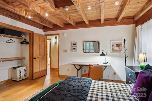 909 Niley Cook Rd, Blowing Rock, NC 28605 - bedroom featuring baseboards, beamed ceiling, wooden ceiling, and wood finished floors