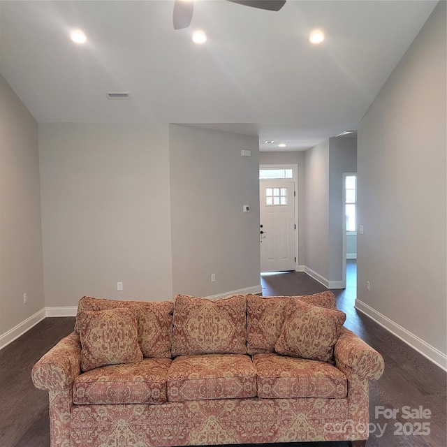 835A Wynnshire Dr Unit 53, Hickory, NC 28601 - living area with a ceiling fan, visible vents, baseboards, dark wood-style floors, and recessed lighting