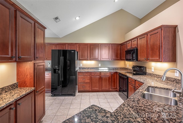 33 Braeburn Way, Flat Rock, NC 28731 - kitchen with a sink, dark stone counters, black appliances, visible vents, and light tile patterned floors