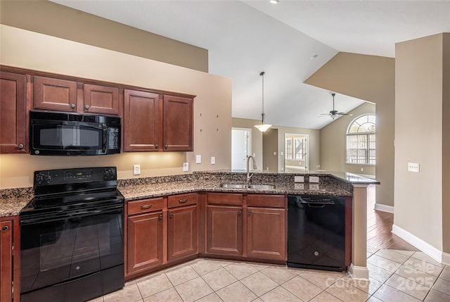 33 Braeburn Way, Flat Rock, NC 28731 - kitchen with a sink, a peninsula, black appliances, vaulted ceiling, and ceiling fan